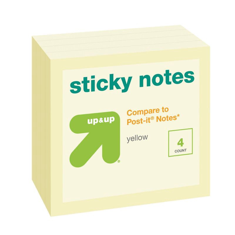 slide 3 of 3, Sticky Notes Cube 3" x 3" 4ct Yellow - up&up™: 400 Sheets, Multicolor, Office Supplies, Uncoated Paper, 4 ct, 400 sheets