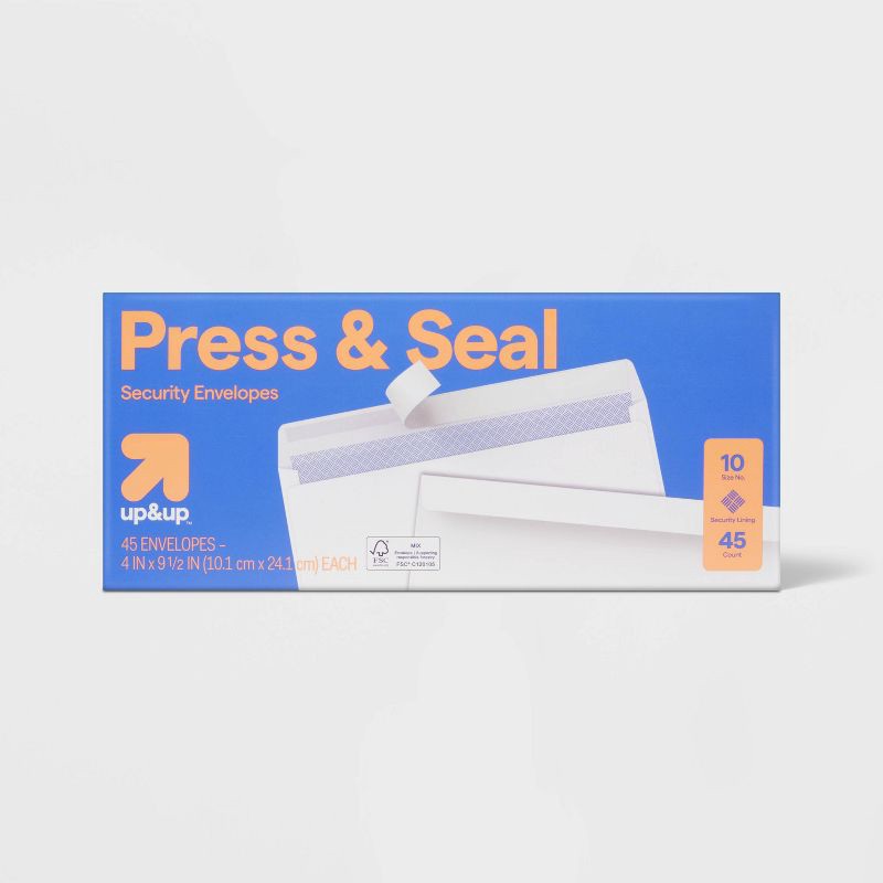 slide 1 of 3, 45ct 4"x9.5" Press and Seal Security Envelopes White - up&up™: Self-Seal Mailing, Business, Letter, Size 10, 45 ct
