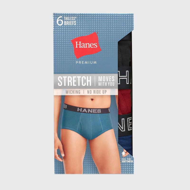 slide 5 of 5, Hanes Premium Men's Stretch Classic Briefs 6pk - Blue/Black/Red XL: Tagless, High Rise, Lightweight Fabric, 6 ct