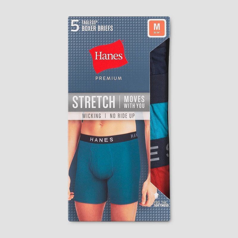 slide 2 of 5, Hanes Premium Men's 5pk Boxer Briefs - Blue/Maroon/Orange L: Cotton Blend, Tagless, Lightweight, Full Elastic Waistband, 5 ct