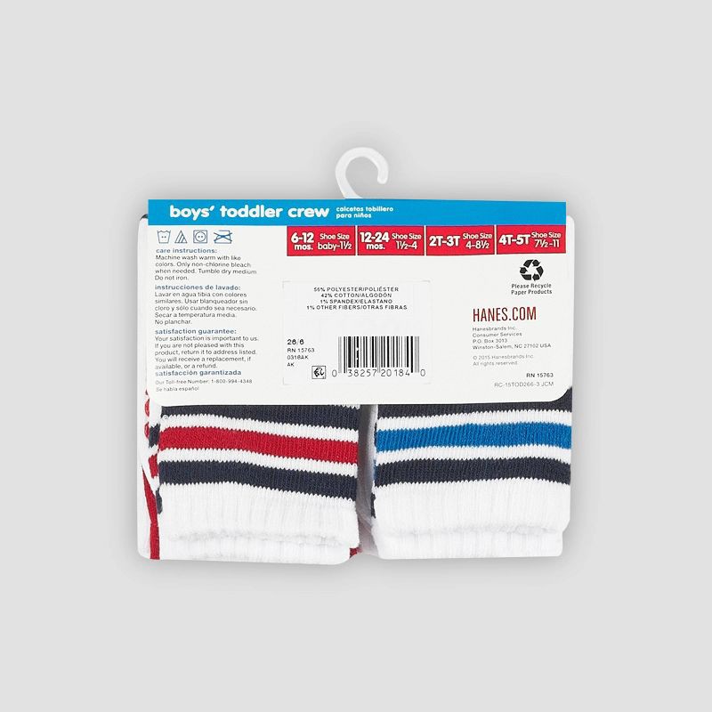 slide 5 of 5, Hanes Toddler Boys' 6pk Solid Crew Socks - Colors May Vary 12-24M: Breathable Knit, Nonslip Grippers, 6 ct