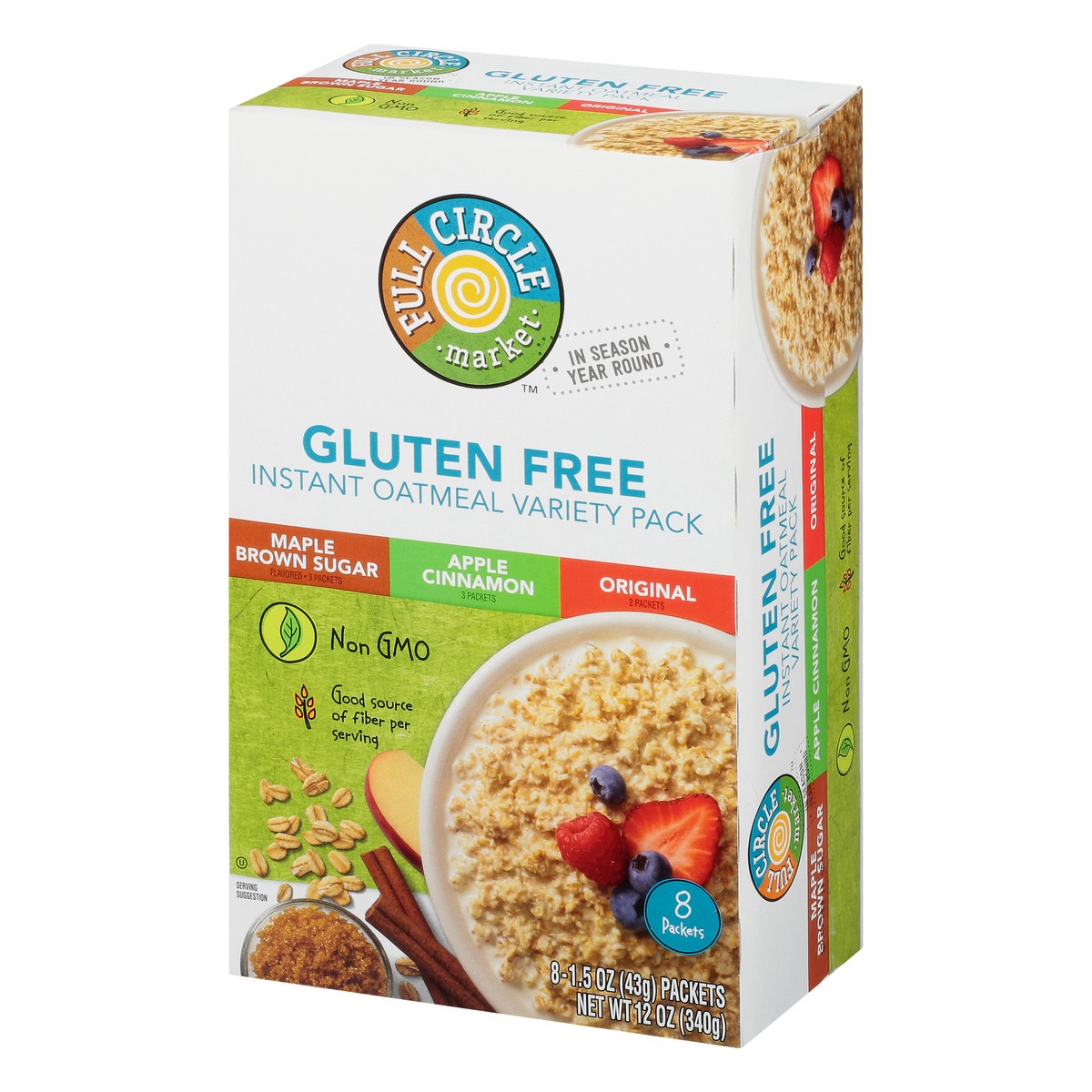 slide 3 of 13, Full Circle Market Gluten Free Variety Pack Maple Brown Sugar Flavored/Apple Cinnamon/Original Instant Oatmeal 8 ea, 8 ct