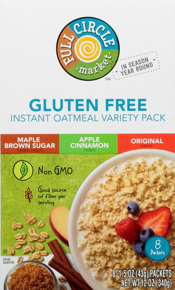 slide 12 of 13, Full Circle Market Gluten Free Variety Pack Maple Brown Sugar Flavored/Apple Cinnamon/Original Instant Oatmeal 8 ea, 8 ct