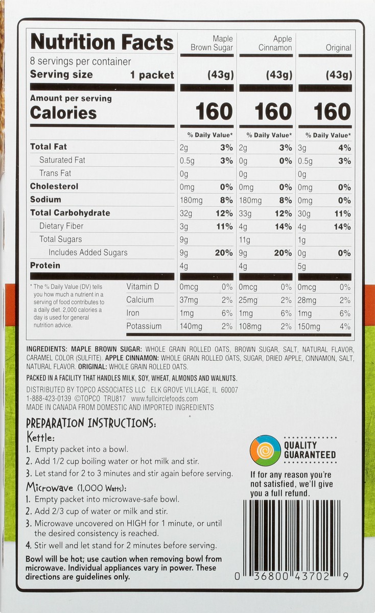 slide 4 of 13, Full Circle Market Gluten Free Variety Pack Maple Brown Sugar Flavored/Apple Cinnamon/Original Instant Oatmeal 8 ea, 8 ct