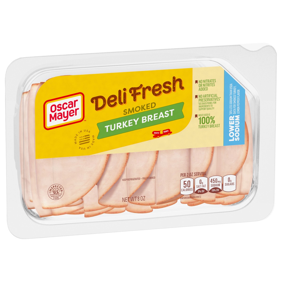 slide 2 of 9, Oscar Mayer Deli Fresh Smoked Turkey Breast Sliced Lunch Meat with 30% Lower Sodium than USDA data for smoked turkey lemon pepper flavor, 8 oz. Tray, 