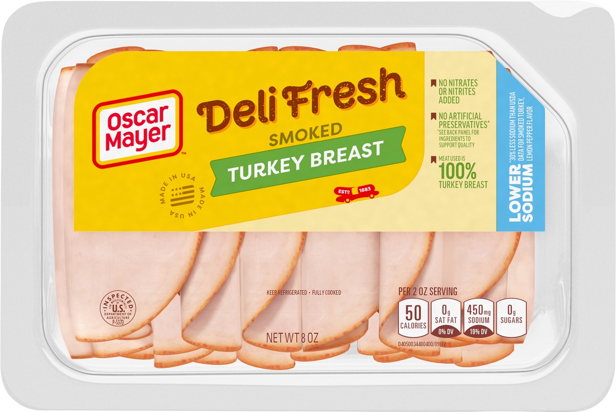 slide 6 of 9, Oscar Mayer Deli Fresh Smoked Turkey Breast Sliced Lunch Meat with 30% Lower Sodium than USDA data for smoked turkey lemon pepper flavor, 8 oz. Tray, 