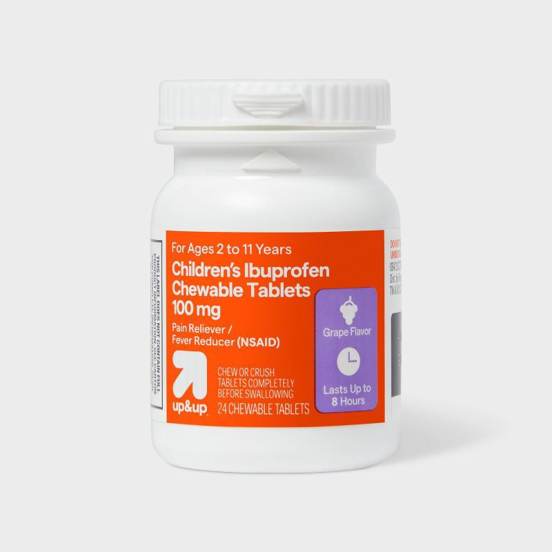 slide 4 of 6, Junior Strength Ibuprofen (NSAID) Pain Reliever & Fever Reducer Chewable Tablets - Grape - 24ct - up&up™, 24 ct