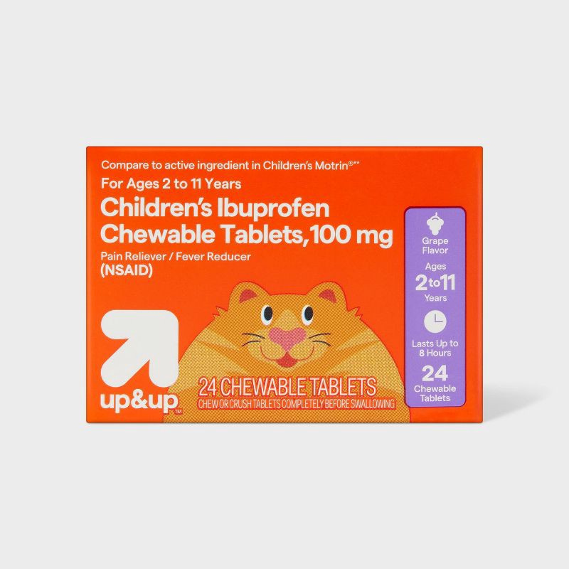 slide 1 of 6, Junior Strength Ibuprofen (NSAID) Pain Reliever & Fever Reducer Chewable Tablets - Grape - 24ct - up&up™, 24 ct