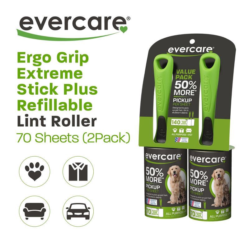 slide 3 of 7, Evercare Pet Twin Pack Lint Roller - 70 Sheets/2pk, 70 sheets, 2 ct
