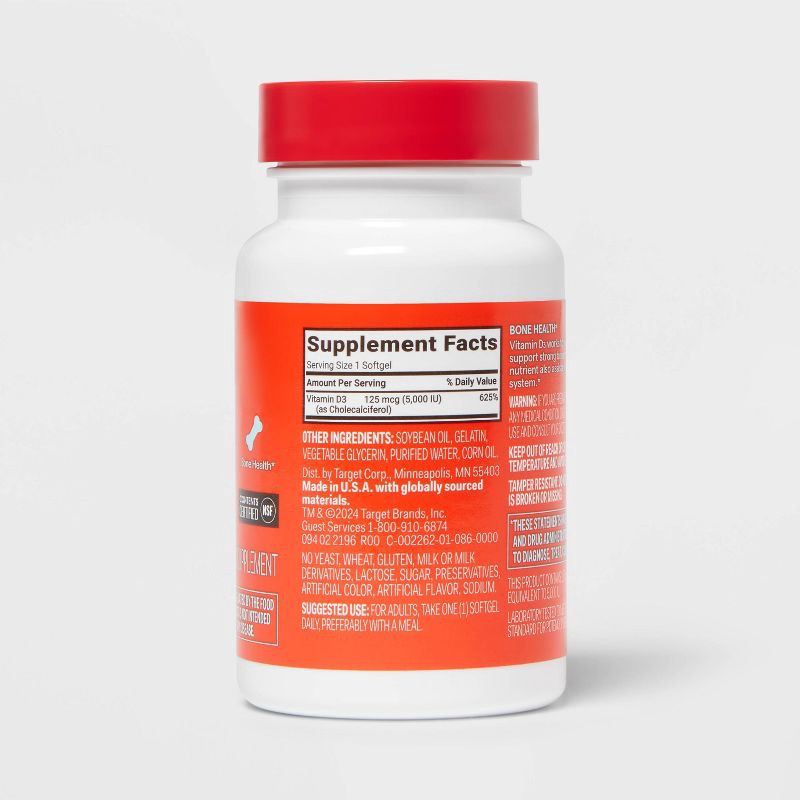 slide 3 of 5, Vitamin D3 5000 IU (125 mcg) Bone Health and Immune Support Softgels - 100ct - up&up™, 100 ct