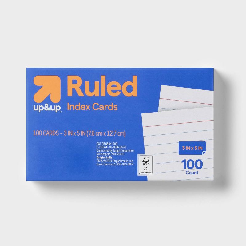 slide 1 of 3, 100ct 3" x 5" Ruled Index Cards White - up&up™: Narrow Ruled Note Cards, Uncoated Paper, 110 Weight, Flashcards, 100 ct