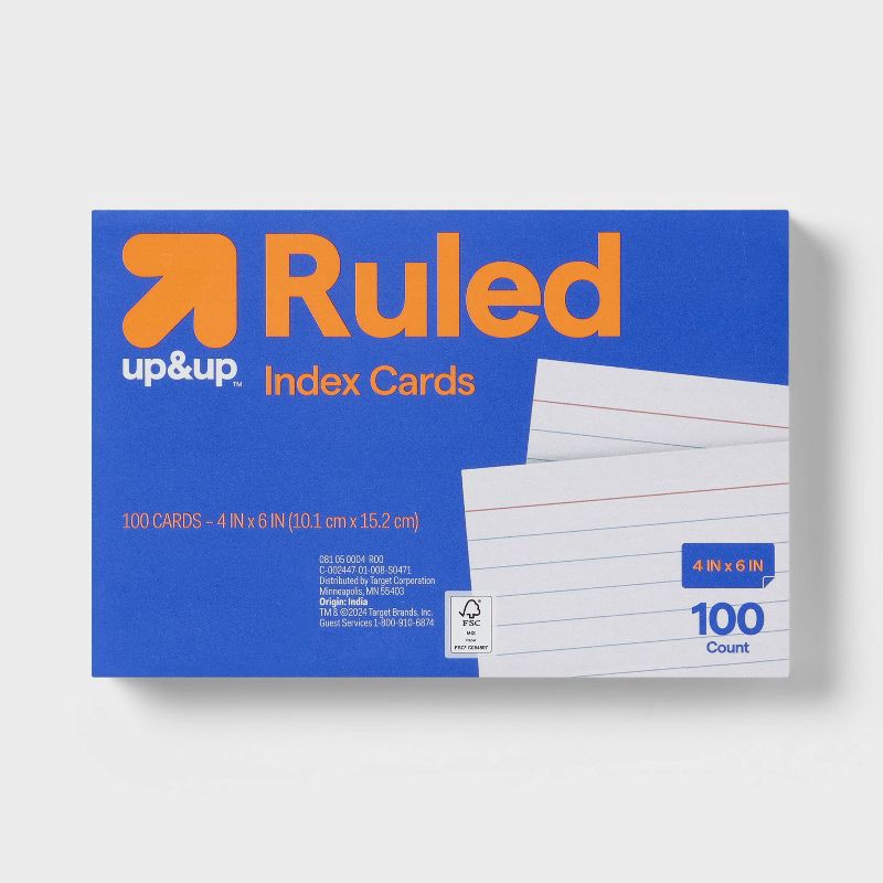 slide 1 of 3, 100ct 4" x 6" Ruled Index Cards White - up&up™: College Rule, Uncoated, 72 lb, Paper Basics, 4x6 Note Card Size, 100 ct, 72 lb