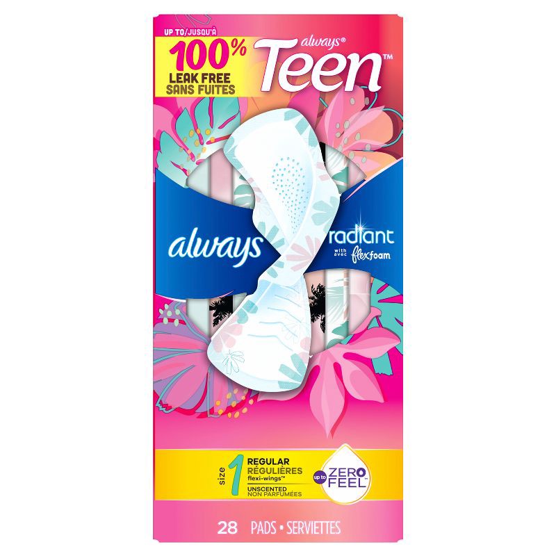 slide 2 of 11, Always Radiant FlexFoam Teen Pads Regular Absorbency with Wings - Unscented - 28ct, 28 ct