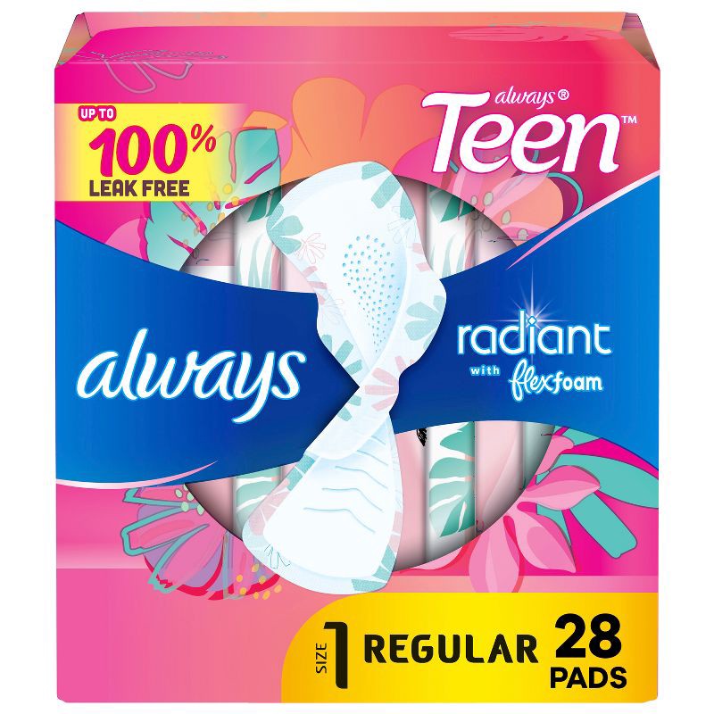 slide 1 of 11, Always Radiant FlexFoam Teen Pads Regular Absorbency with Wings - Unscented - 28ct, 28 ct
