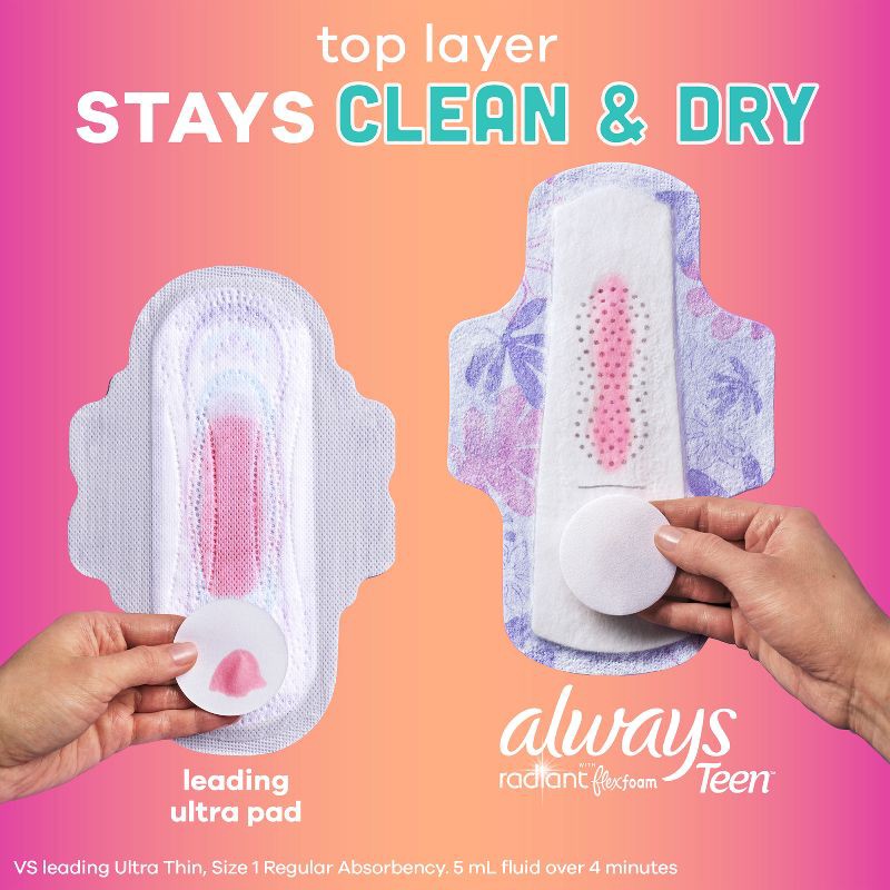 slide 6 of 11, Always Radiant FlexFoam Teen Pads Regular Absorbency with Wings - Unscented - 28ct, 28 ct