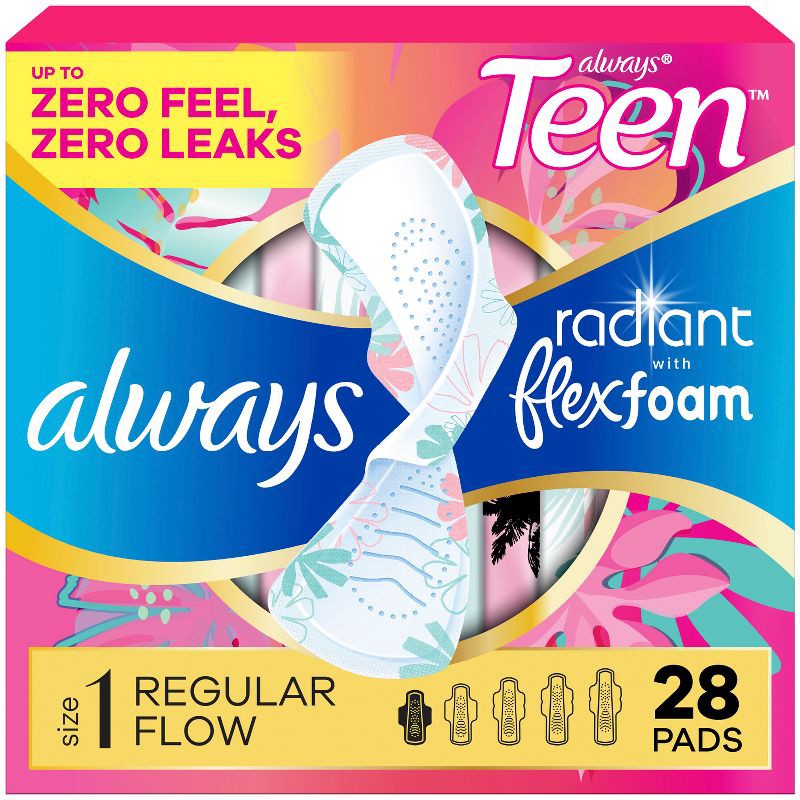 slide 1 of 11, Always Radiant FlexFoam Teen Pads Regular Absorbency with Wings - Unscented - 28ct, 28 ct