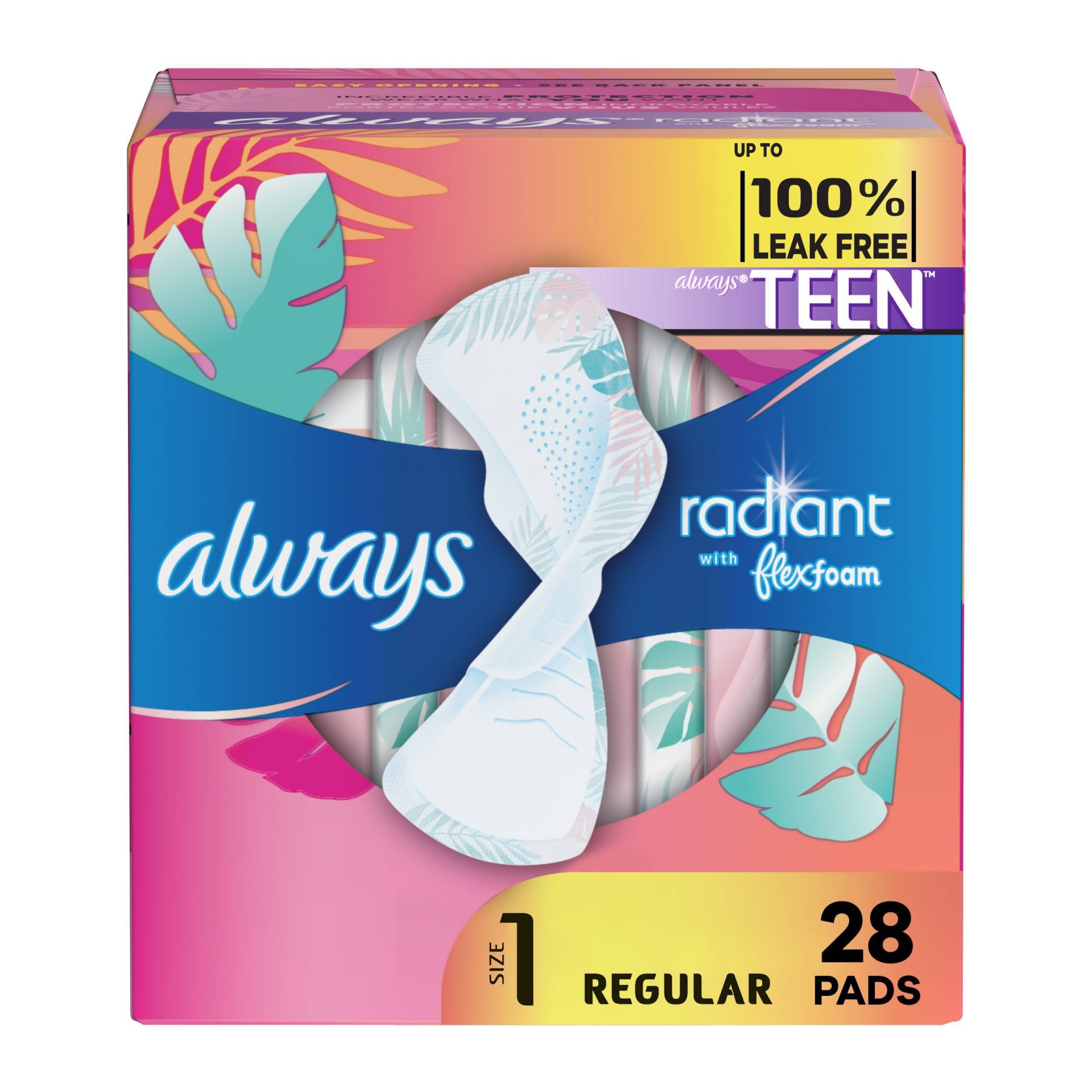 slide 1 of 10, Always Radiant FlexFoam Teen Pads Regular Absorbency with Wings - Unscented - 28ct, 28 ct