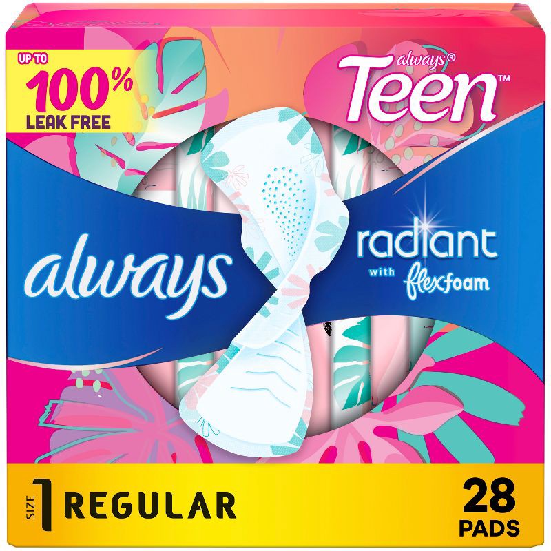 slide 1 of 11, Always Radiant FlexFoam Teen Pads Regular Absorbency with Wings - Unscented - 28ct, 28 ct