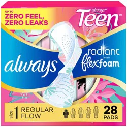 Always Radiant FlexFoam Teen Pads Regular Absorbency with Wings - Unscented - 28ct