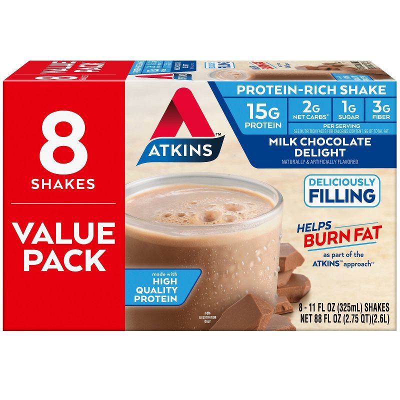 slide 1 of 9, Atkins Milk Chocolate Delight Protein Shake - 8pk/88 fl oz, 8 ct, 88 fl oz