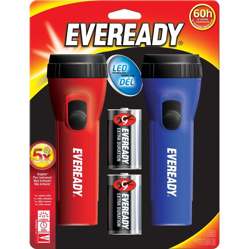 slide 1 of 4, Eveready 2pk LED Flashlight: Portable Light Sets for Kids, Includes Batteries, Red & Blue, Battery Powered, 2 ct