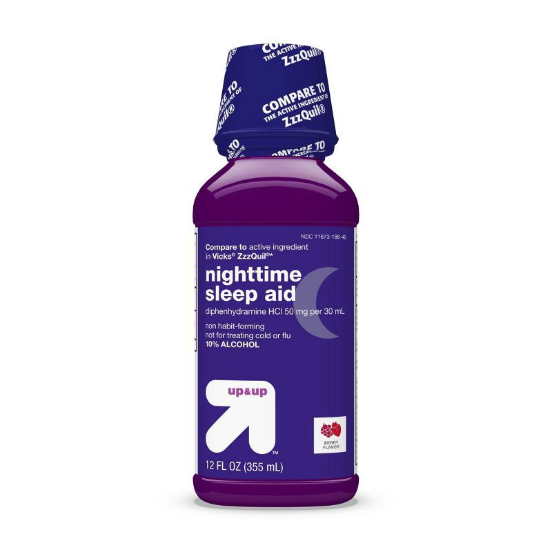 slide 1 of 7, Diphenhydramine HCl Nighttime Sleep Aid Liquid - Berry - 12 fl oz - up & up™, 12 fl oz