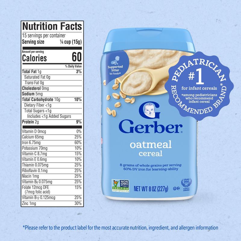 slide 8 of 9, Gerber Non-GMO Baby Food Stage 1 Single Grain Baby Oatmeal Cereal - 8oz, 8 oz