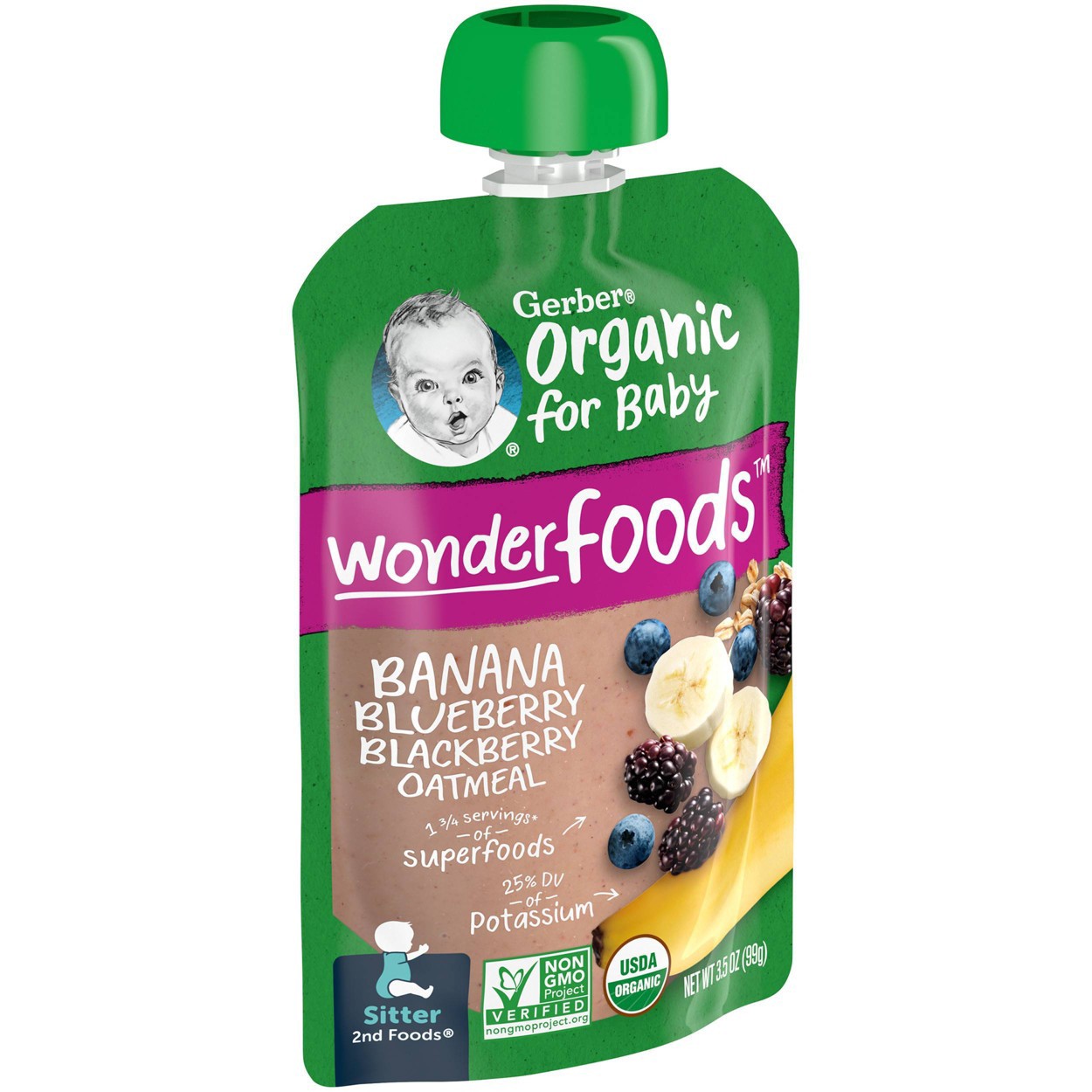 slide 3 of 10, Gerber Organic 2nd Foods Banana Blueberry & Blackberry Oatmeal, 3.5 oz