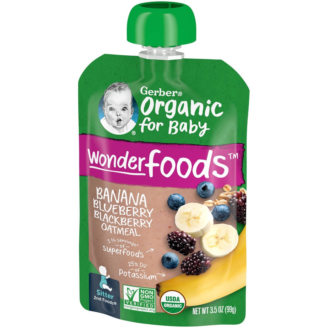 slide 8 of 10, Gerber Organic 2nd Foods Banana Blueberry & Blackberry Oatmeal, 3.5 oz
