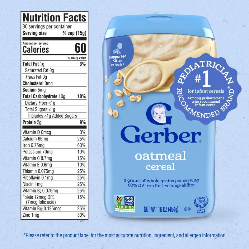 slide 8 of 9, Gerber Non-GMO Baby Food Stage 1 Single Grain Oatmeal Baby Cereal - 16oz, 16 oz