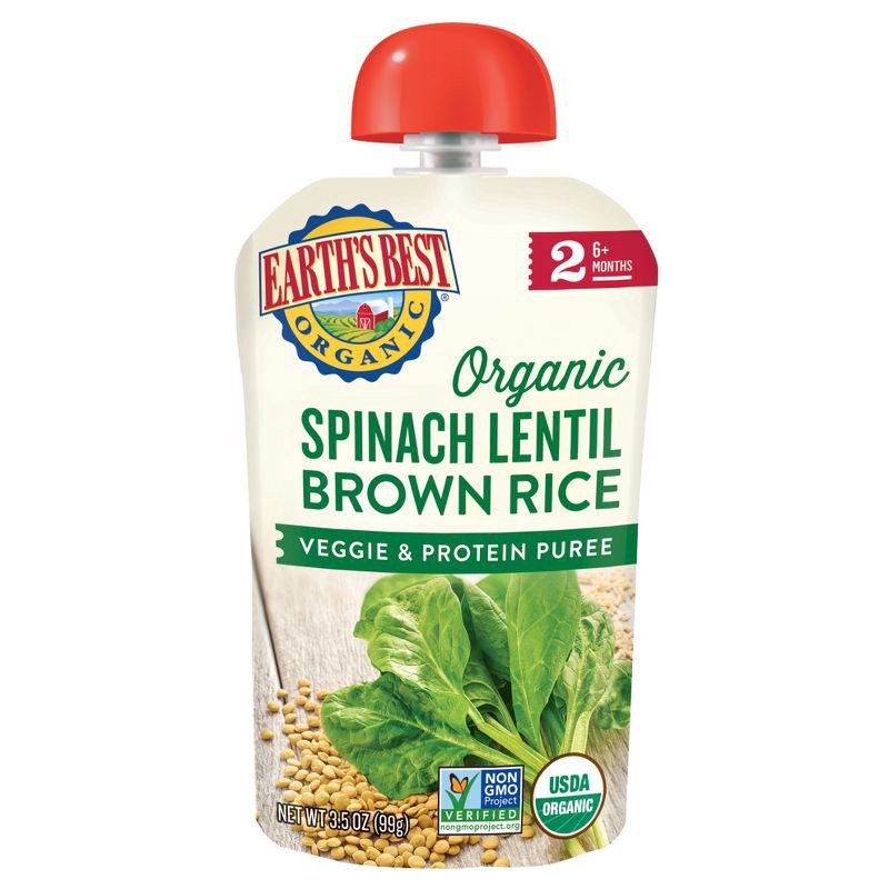 slide 1 of 1, Earth's Best Organic Spinach Lentil Brown Rice Baby Food Pouch - 3.5oz, 3.5 oz
