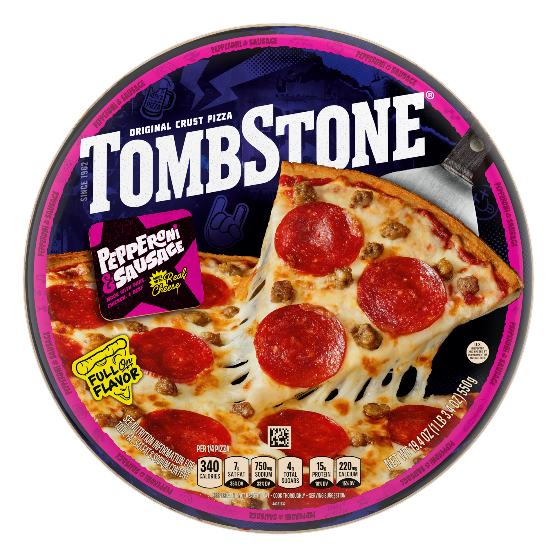 slide 1 of 4, Tombstone Original Crust Pizza, Pepperoni and Sausage Pizza, Freezer Pizza (Frozen), 19.4 oz