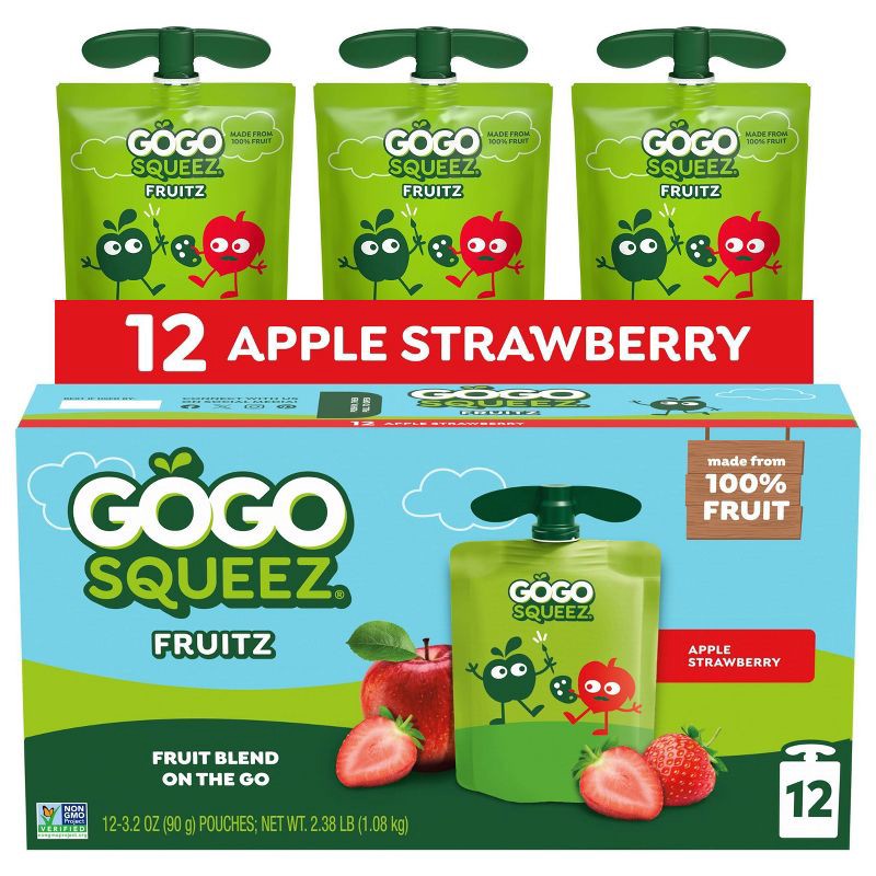 slide 1 of 9, GoGo SqueeZ No Sugar Added Applesauce and Fruit Puree Apple Strawberry - 38.4oz/12ct, 38.4 oz, 12 ct