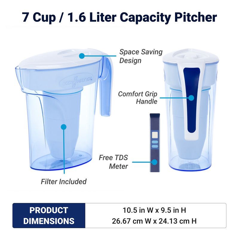 slide 4 of 11, ZeroWater 7 Cup Pitcher with Ready-Pour + Free Water Quality Meter: BPA-Free, Built-In TDS Meter, Filters Lead & Chlorine, 1 ct