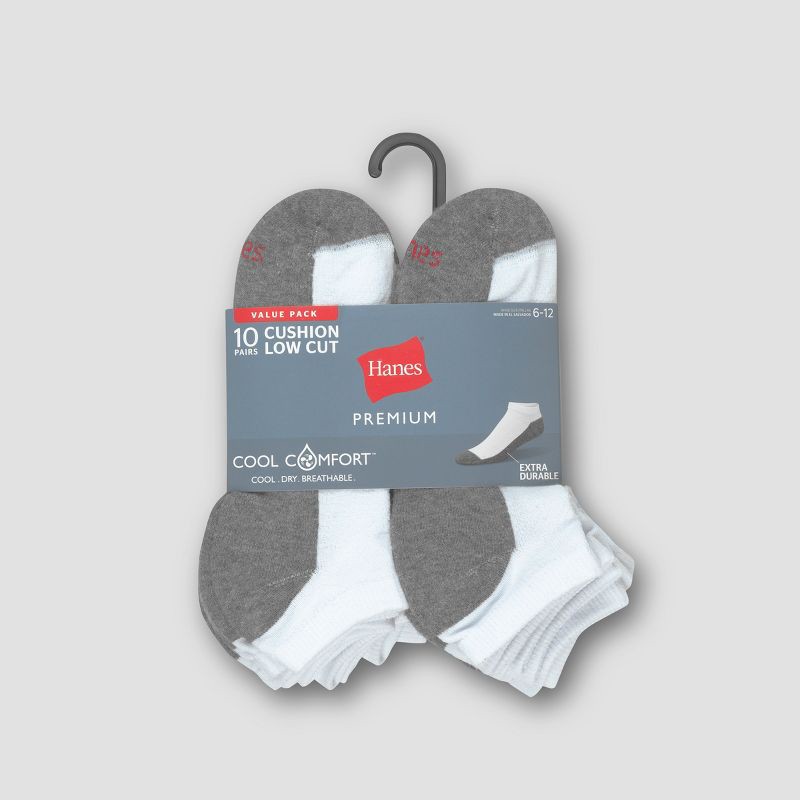 slide 3 of 3, Men's Hanes Premium Low Cut Socks 10pk - White 6-12: Moisture Wicking, Breathable, Midweight, Machine Washable, Ribbed, 10 ct