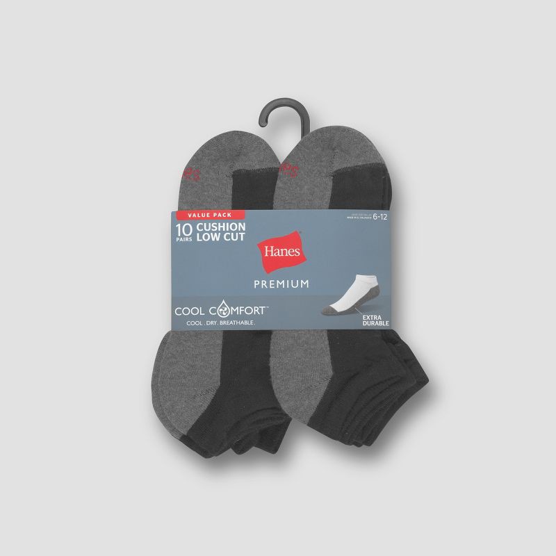 slide 3 of 3, Men's Hanes Premium Low Cut Socks 10pk - Black: Moisture Wicking, Breathable, Midweight, Size 6-12, 10 ct