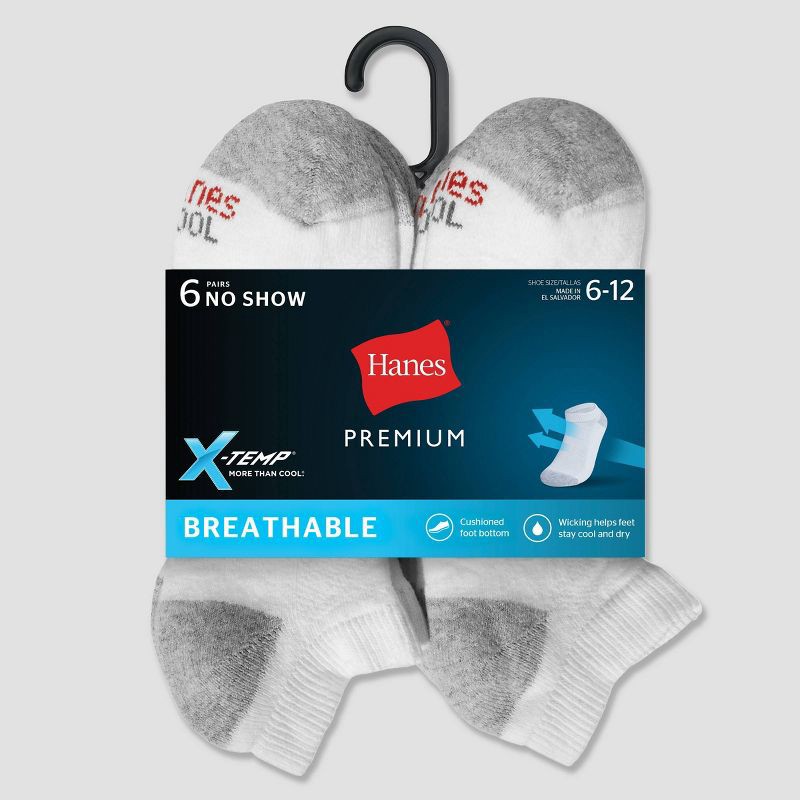 slide 3 of 3, Hanes Premium Men's X-Temp Breathable No Show Socks 6pk - White 6-12: Moisture Wicking, Midweight, Ribbed, 6 ct