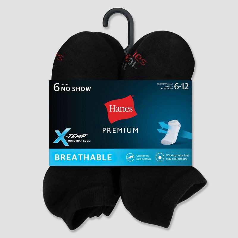 slide 3 of 3, Hanes Premium Men's X-Temp Breathable No Show Socks 6pk - Black 6-12: Moisture Wicking, Midweight, Ribbed, 6 ct
