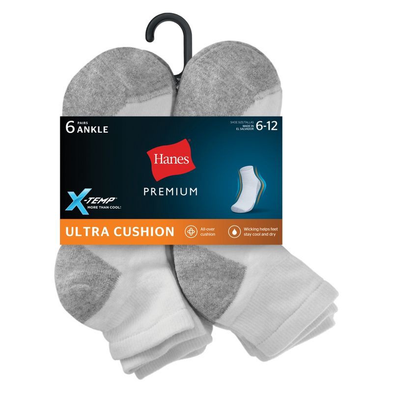 slide 3 of 3, Hanes Premium Men's Xtemp Ultra Cushion 6pk Ankle Socks - White 6-12: Cushioned Sole, Breathable Fabric, 6 ct