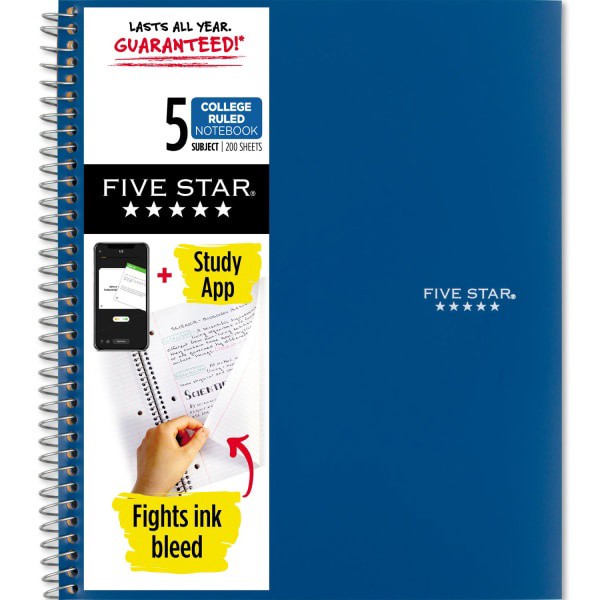 slide 1 of 4, Five Star Blue 5 Subject College RuledSpiral Notebook, 200 ct