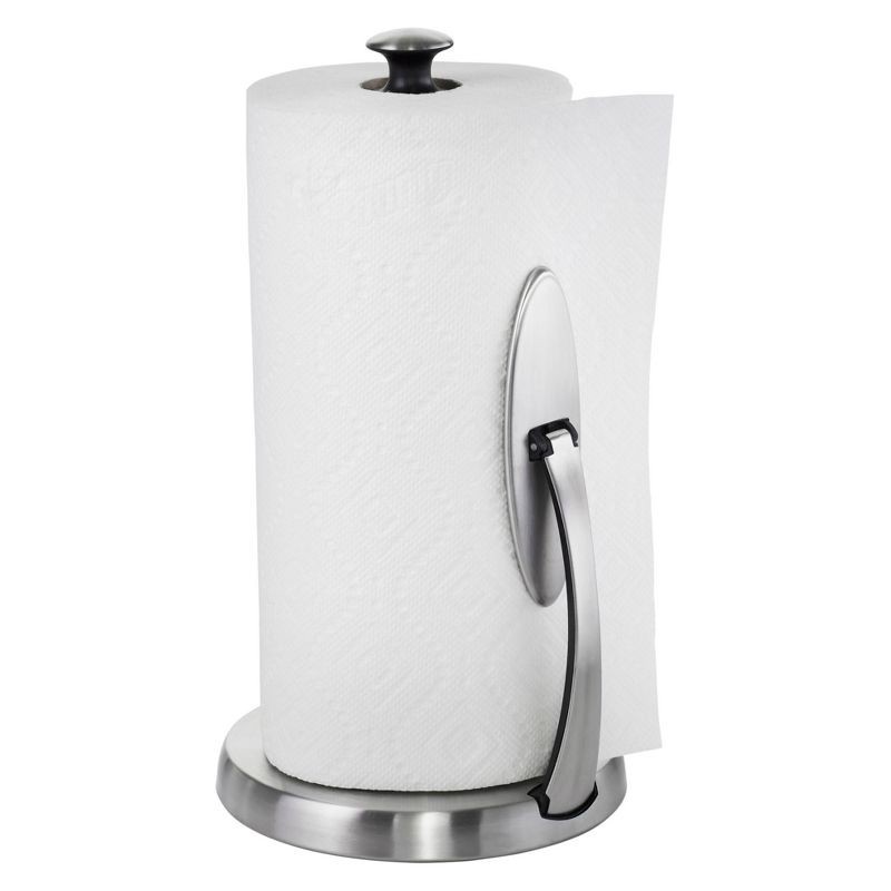 slide 2 of 3, OXO Simply Tear Paper Towel Holder: Freestanding Black Kitchen Roll Holder, Stainless Steel & Rubber, 13.25" Height, 1 ct