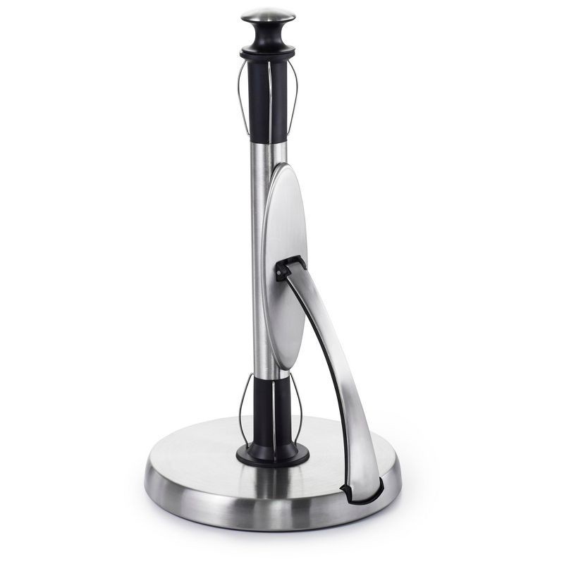 slide 1 of 3, OXO Simply Tear Paper Towel Holder: Freestanding Black Kitchen Roll Holder, Stainless Steel & Rubber, 13.25" Height, 1 ct