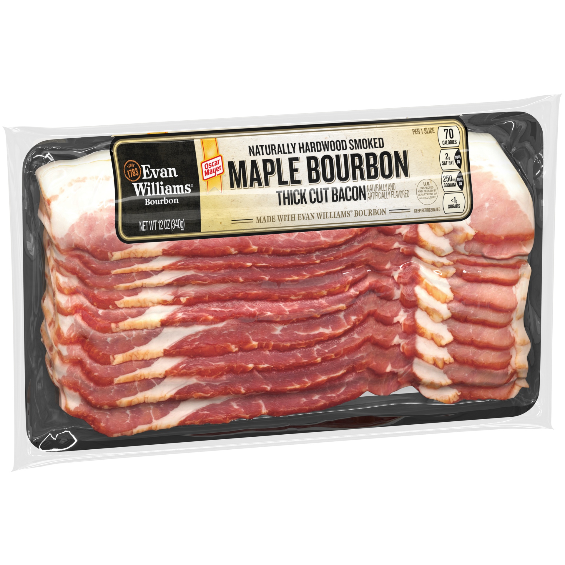slide 7 of 12, Oscar Mayer Maple Bourbon Naturally Hardwood Smoked Thick Cut Bacon with Evan Williams Bourbon, 8-10 slices, 12 oz