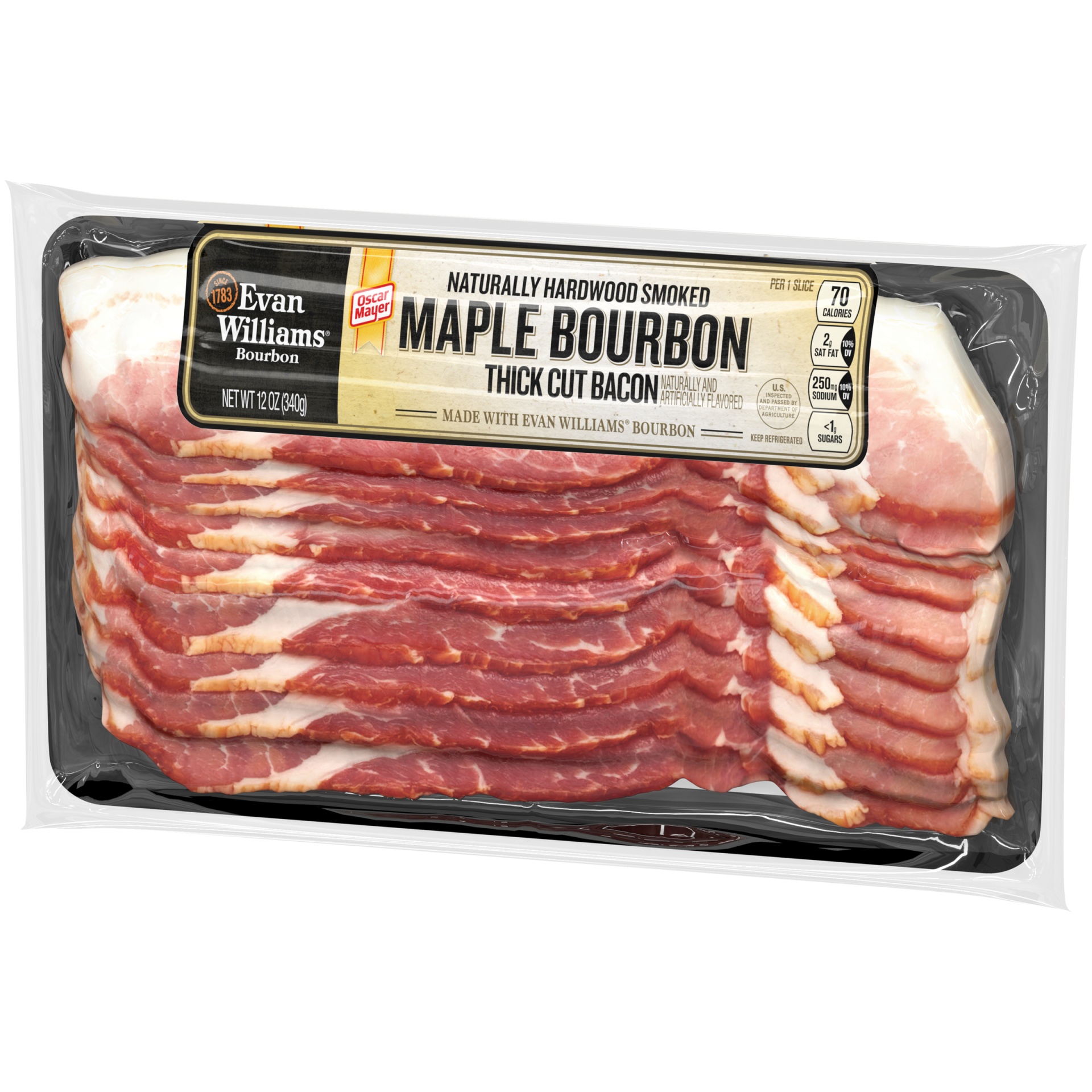 slide 8 of 12, Oscar Mayer Maple Bourbon Naturally Hardwood Smoked Thick Cut Bacon with Evan Williams Bourbon, 8-10 slices, 12 oz