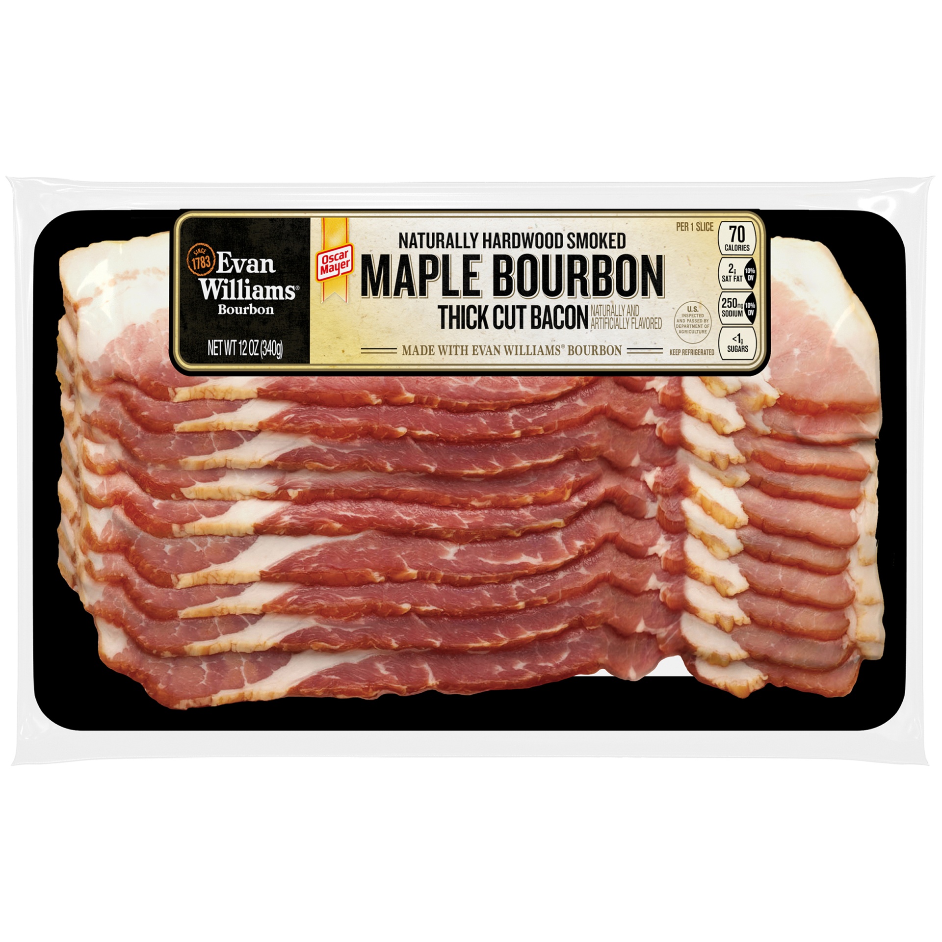 slide 1 of 12, Oscar Mayer Maple Bourbon Naturally Hardwood Smoked Thick Cut Bacon with Evan Williams Bourbon, 8-10 slices, 12 oz