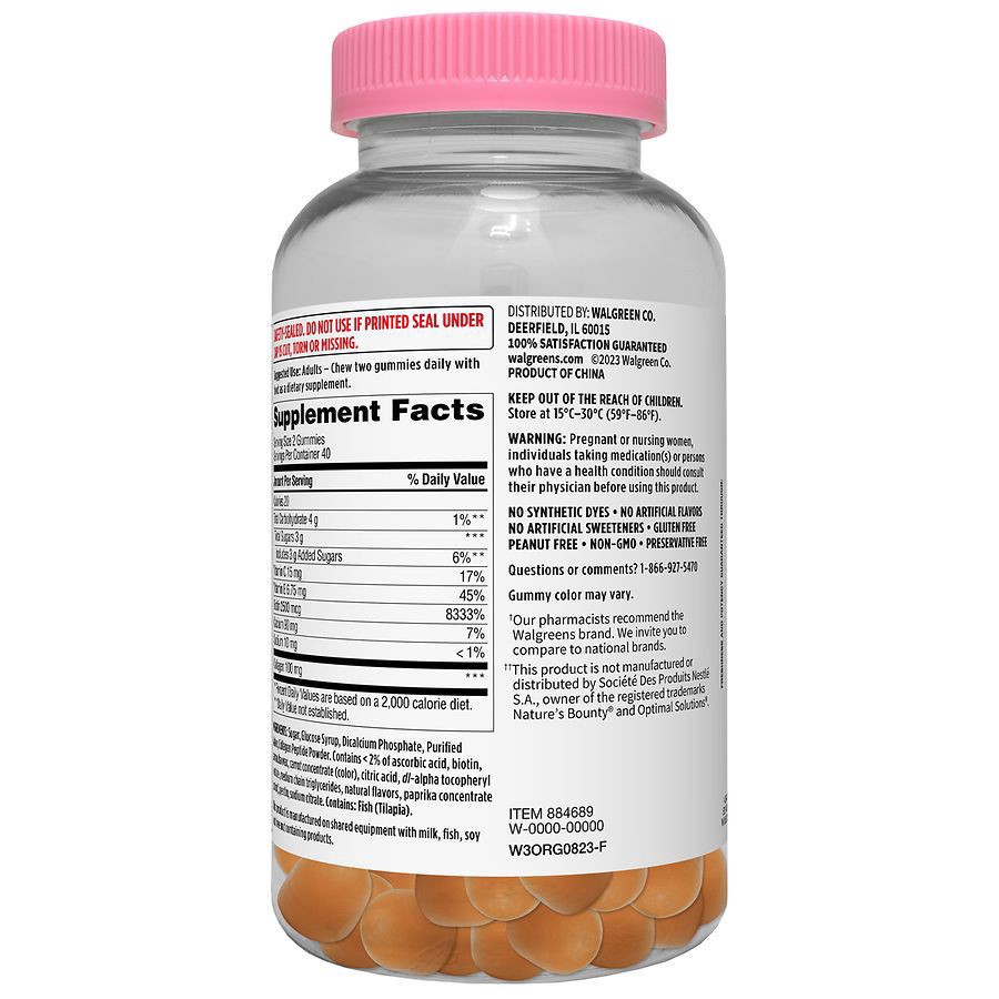 slide 4 of 4, Walgreens Hair, Skin & Nail Plus Collagen Gummies Natural Orange, 80 ct