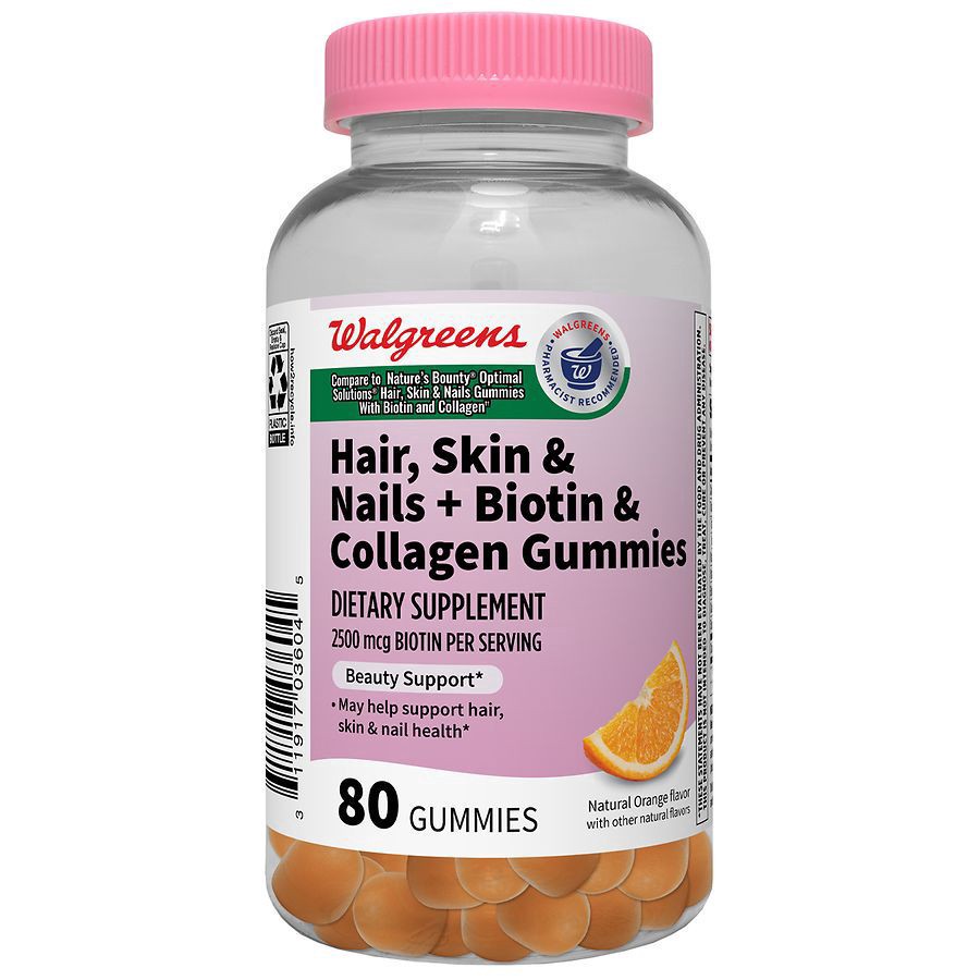 slide 1 of 4, Walgreens Hair, Skin & Nail Plus Collagen Gummies Natural Orange, 80 ct