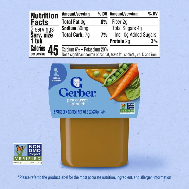 slide 7 of 8, Gerber Baby Food Stage 2 Pea Carrot Spinach Puree Tub - 2ct/4oz Each, 2 ct; 4 oz