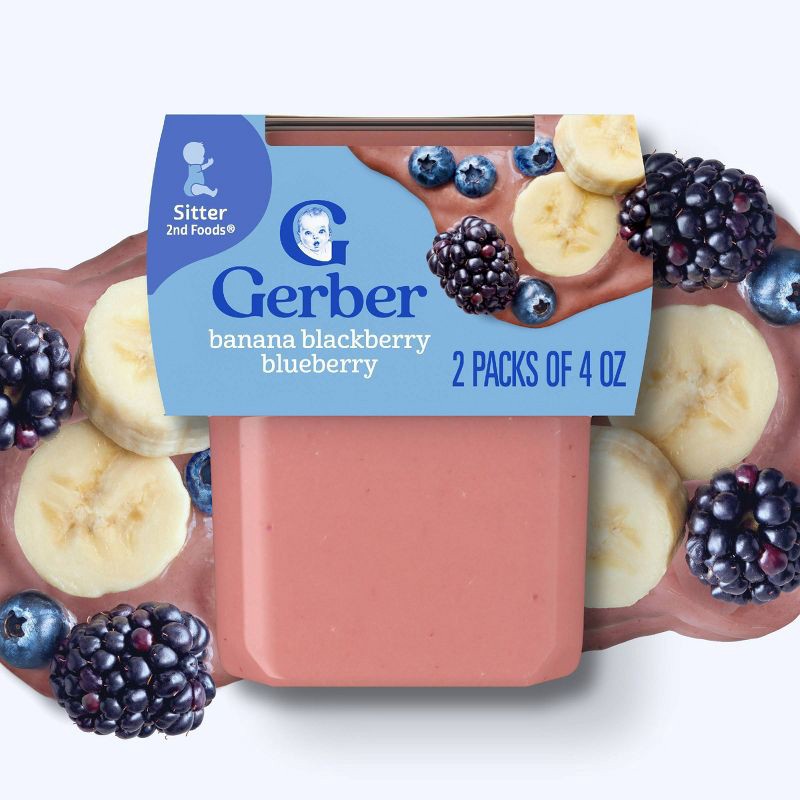 slide 2 of 8, Gerber Baby Food Stage 2 Banana Blackberry Blueberry Puree Tub - 4oz/2ct, 2 ct; 4 oz
