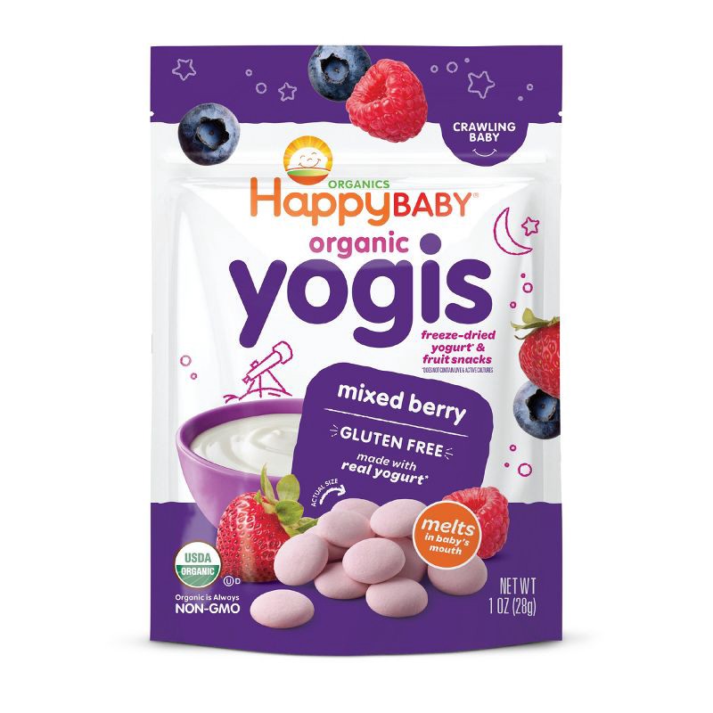 slide 1 of 6, Happy Family HappyBaby Organic Yogis Mixed Berry Yogurt & Fruit Baby Snacks - 1oz, 1 oz